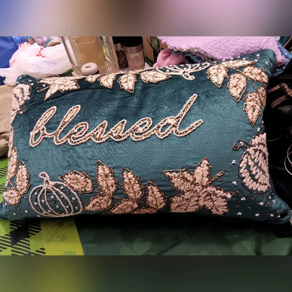 Elegant Teal 'Blessed' Holiday Pillow